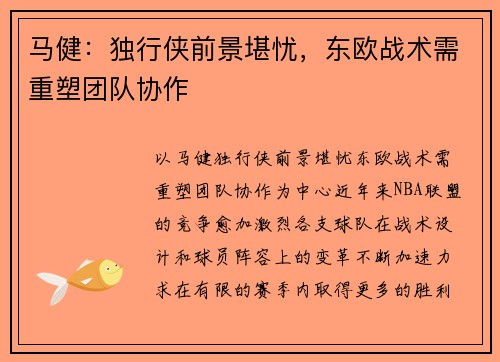 马健：独行侠前景堪忧，东欧战术需重塑团队协作