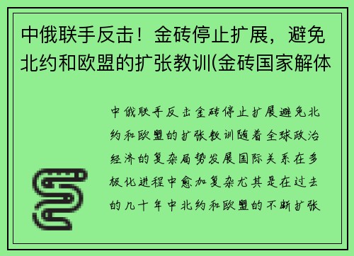 中俄联手反击！金砖停止扩展，避免北约和欧盟的扩张教训(金砖国家解体)