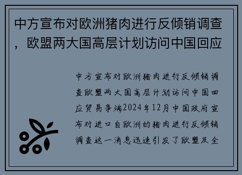 中方宣布对欧洲猪肉进行反倾销调查，欧盟两大国高层计划访问中国回应贸易争端